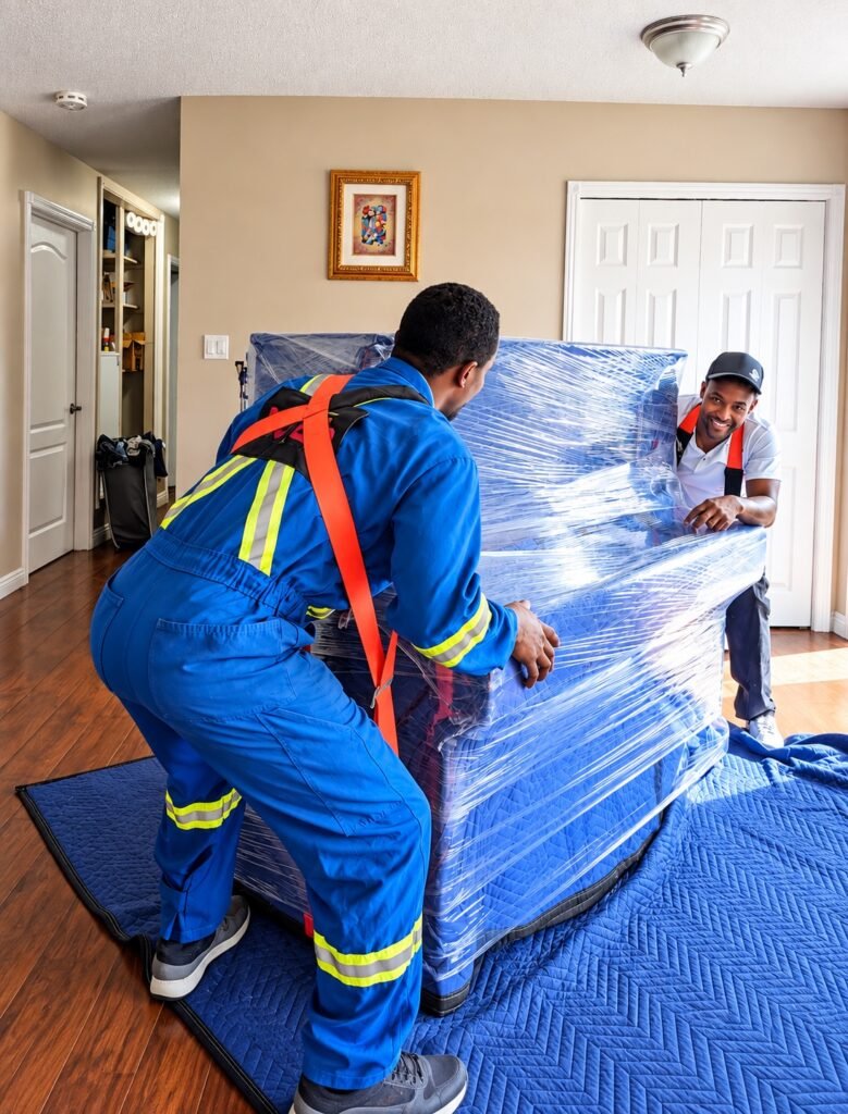 Noah movers wrapping a large piece of furniture before moving it