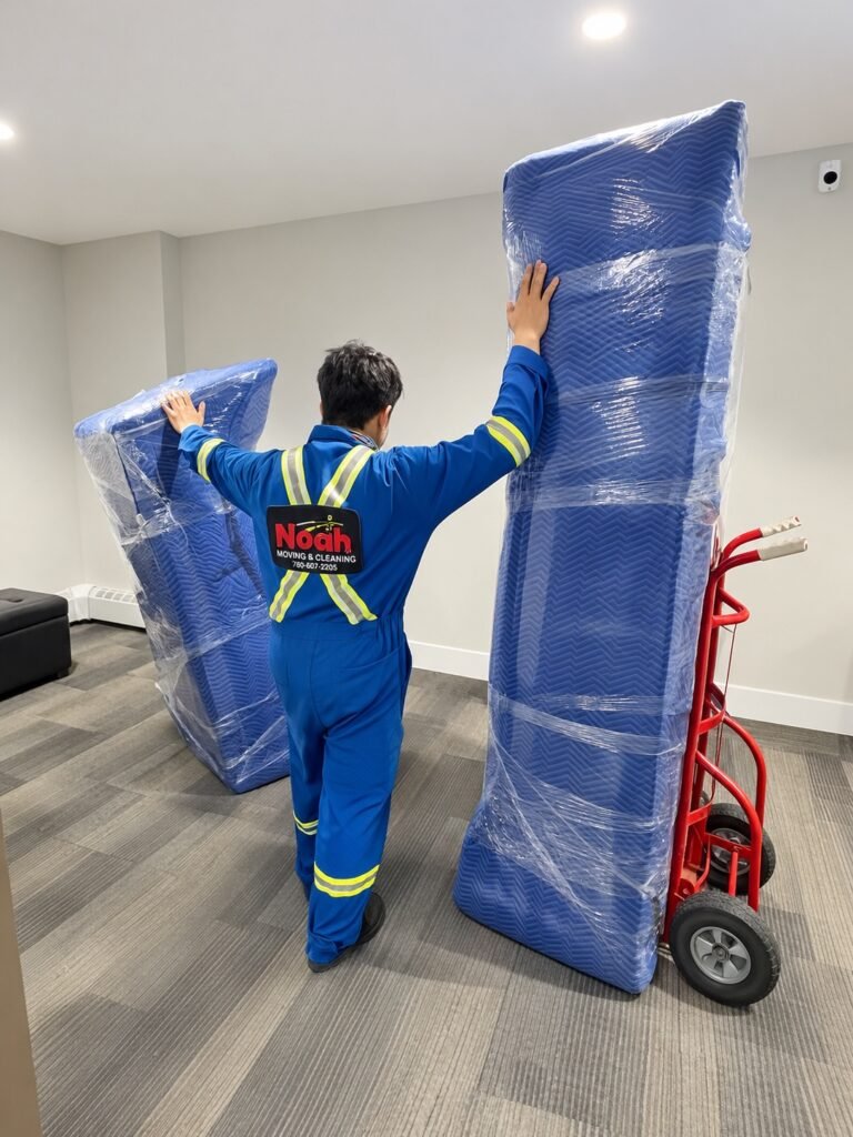 Noah Moving & Cleaning team member handling furniture protected with moving blankets and stretch wrap